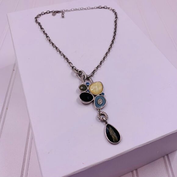 Lia Sophia Azure Retire Necklace Silver-Toned MOP & Cut Crystals w/ Resin 16-19" - Picture 1 of 7